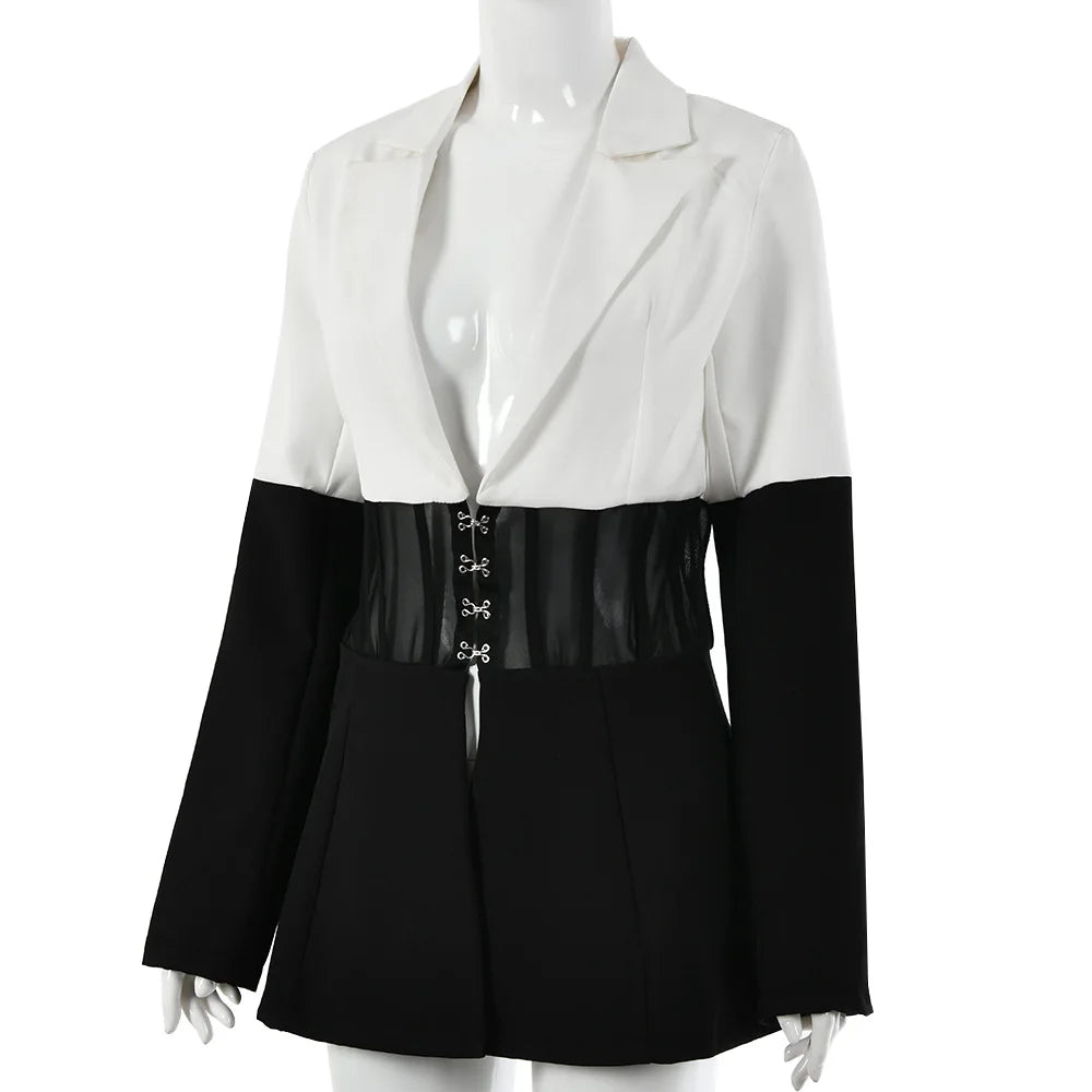 Blazer chic à revers pointus bicolore avec empiècement transparent – Manteau tunique slim tendance pour un style streetwear moderne