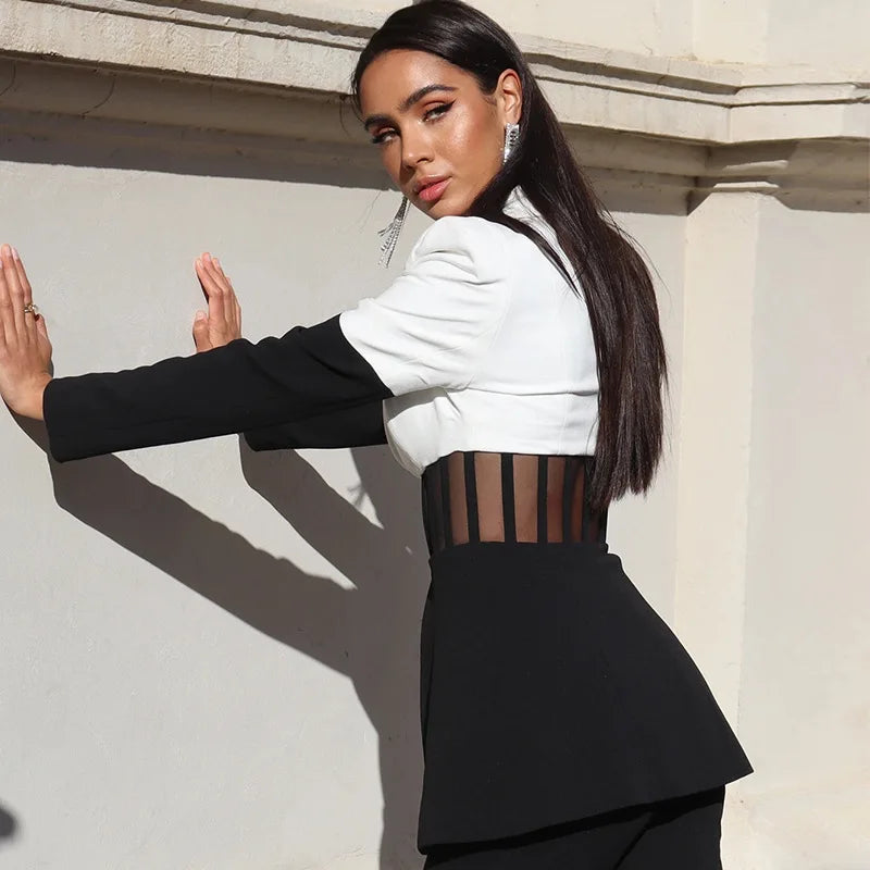 Blazer chic à revers pointus bicolore avec empiècement transparent – Manteau tunique slim tendance pour un style streetwear moderne
