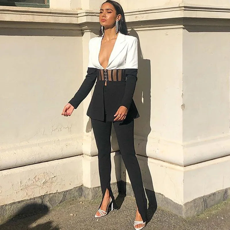 Blazer chic à revers pointus bicolore avec empiècement transparent – Manteau tunique slim tendance pour un style streetwear moderne