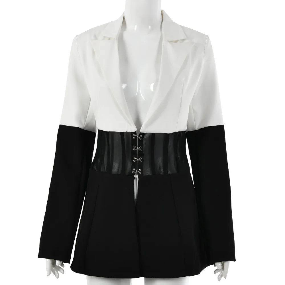 Blazer chic à revers pointus bicolore avec empiècement transparent – Manteau tunique slim tendance pour un style streetwear moderne