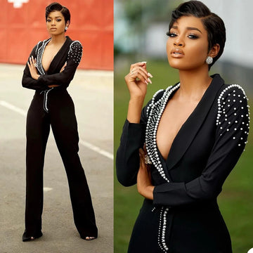 Vestidos de perlas sexys de lujo negros de 2 piezas con escote en V profundo, monos elegantes para fiesta de graduación formal