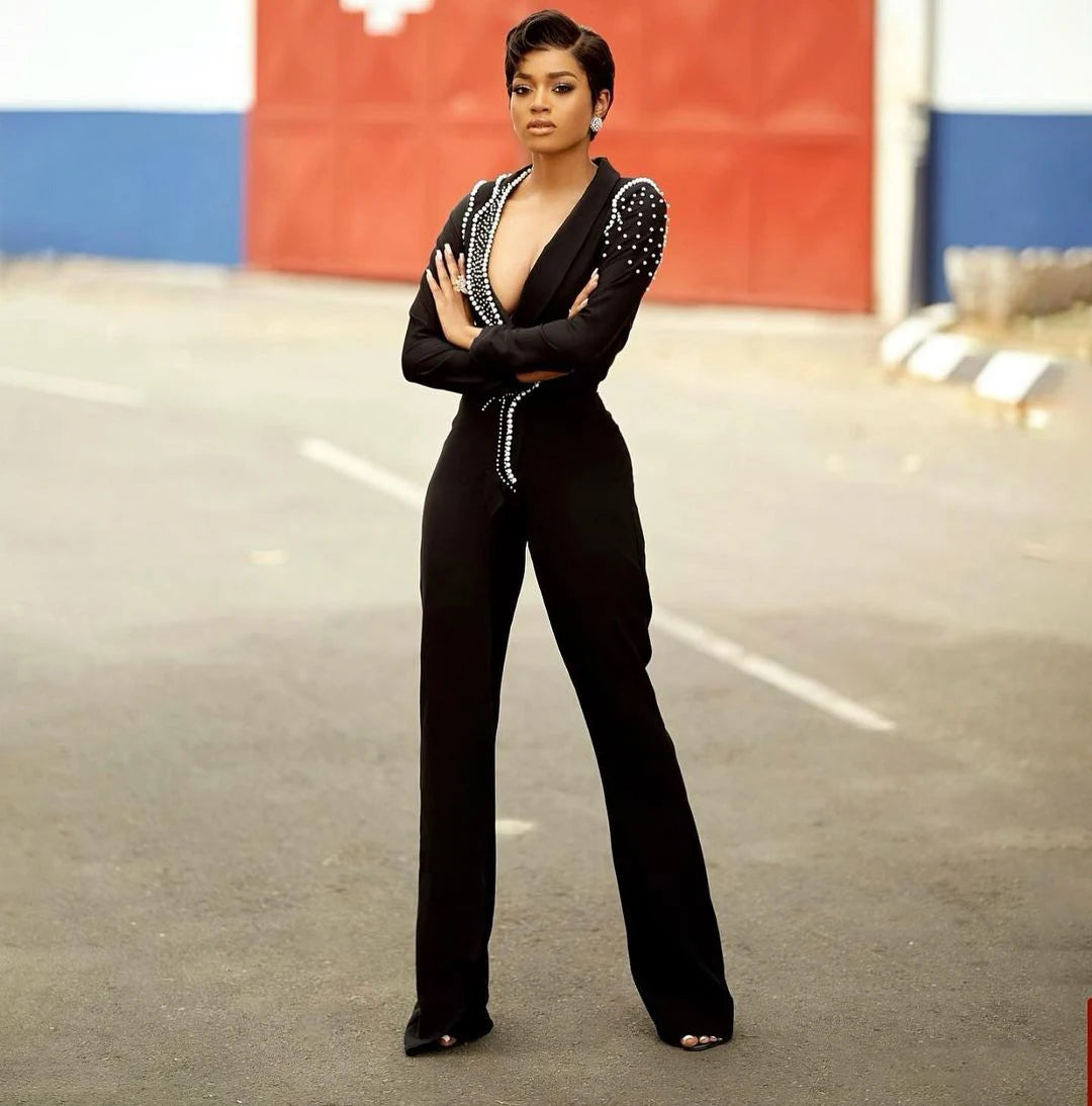 Robe sexy en perles noire de luxe 2 pièces, combinaison à col en V profond, élégante, pour bal de promo, soirée formelle