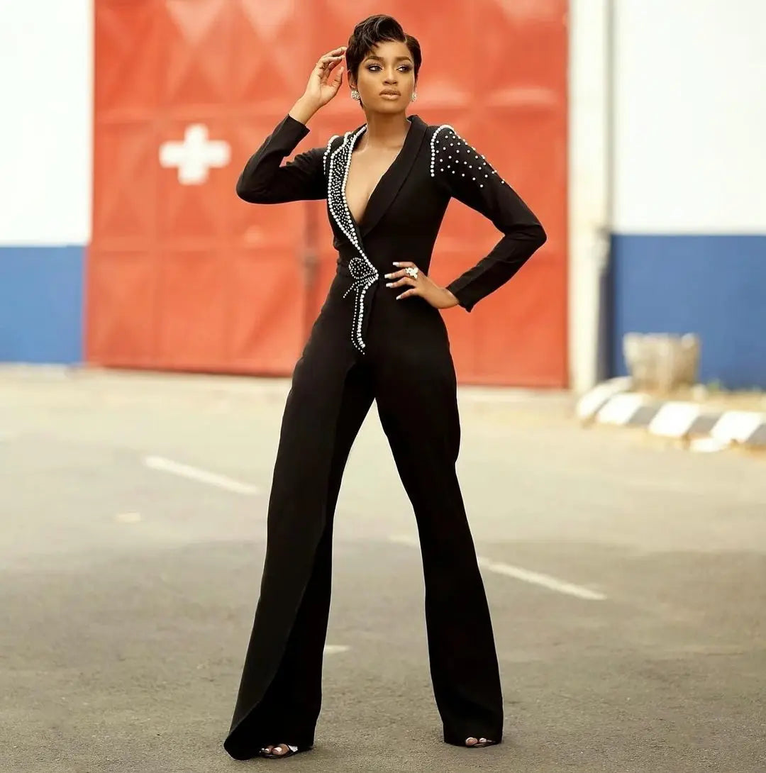 Robe sexy en perles noire de luxe 2 pièces, combinaison à col en V profond, élégante, pour bal de promo, soirée formelle