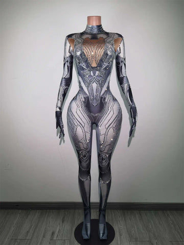Sexy Performance Dance Costume Nightclub Rompers Show Stage Wear Sparkly Silver Rhinestones Jumpsuit Gloves for Women