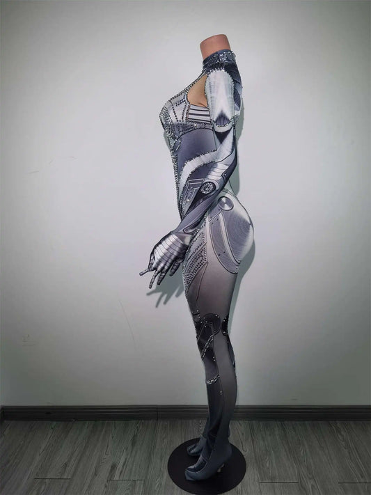 Costume de danse sexy pour femme, combinaison avec strass argentés scintillants et gants, tenue de scène pour boîte de nuit 