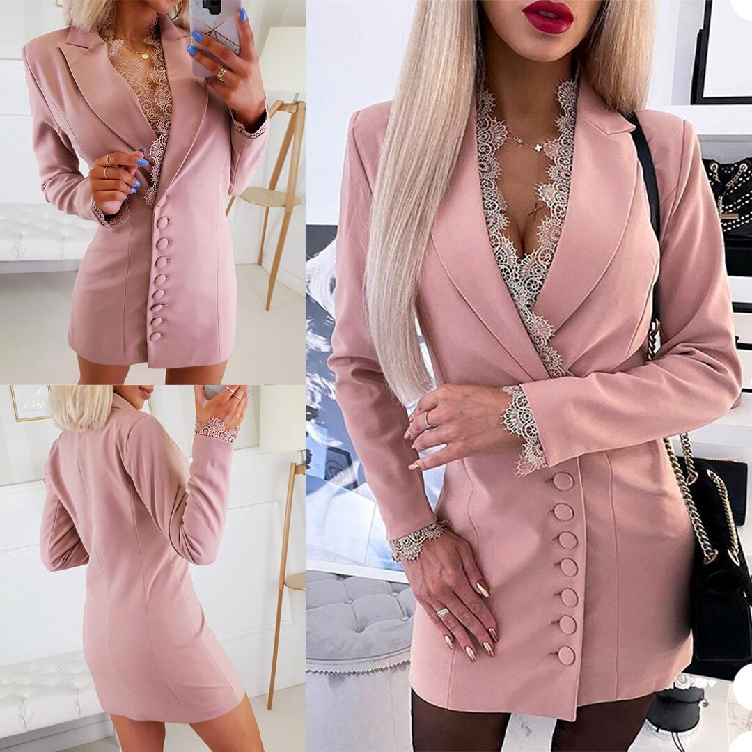 Robe blazer courte sexy en dentelle rose pour femme, coupe ajustée, tenue de bureau, de soirée, de bal, manteau, une seule pièce 
