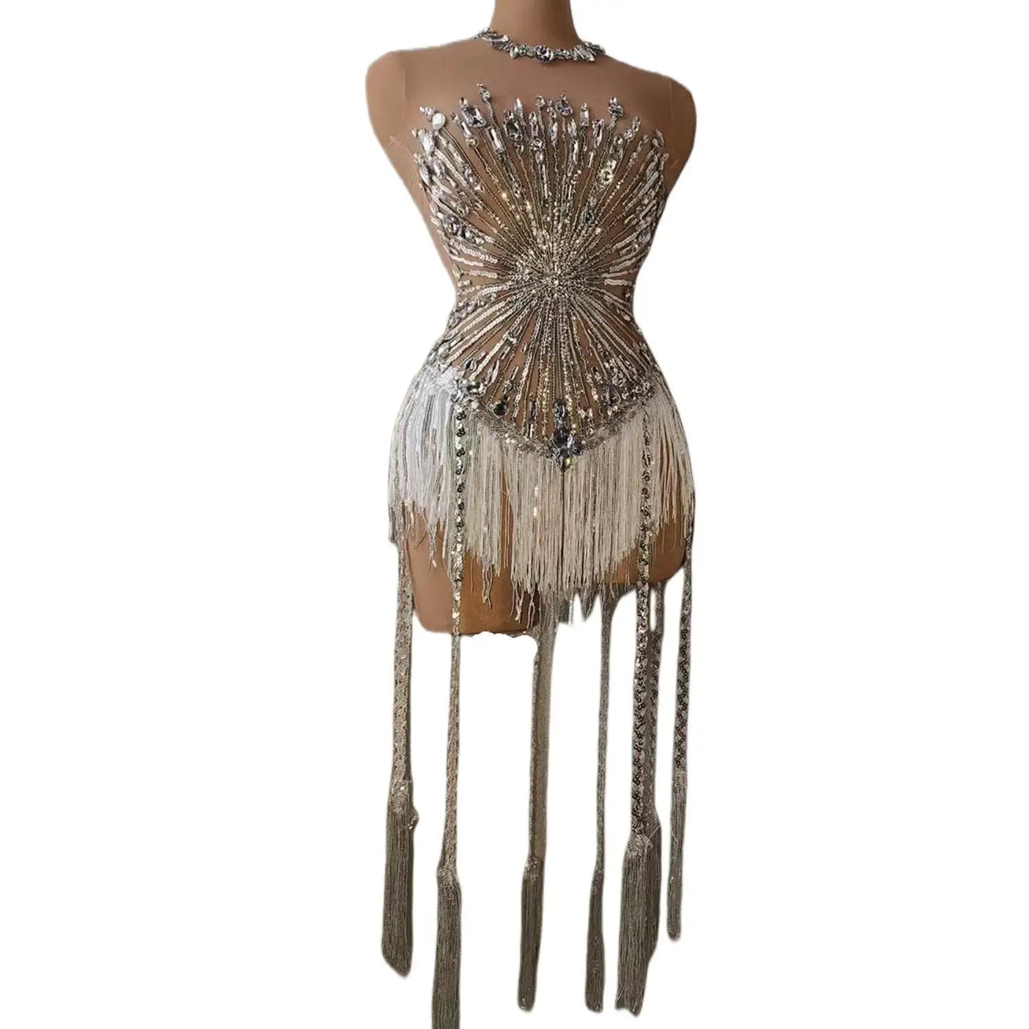 Body sexy en strass et cristaux pour femme, avec gros pompon extensible, pour bal de promo, costume de drag queen, chanteur, danse, justaucorps à franges 