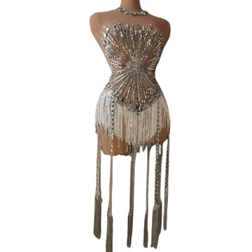 Sexy Rhinestone Crystal Bodysuit Women Big Stretch Tassel Club Prom Drag Queen Costume DS Stage Singer Dance Fringe Leotard