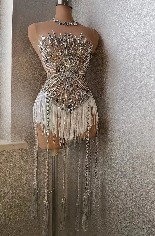 Body sexy en strass et cristaux pour femme, avec gros pompon extensible, pour bal de promo, costume de drag queen, chanteur, danse, justaucorps à franges 