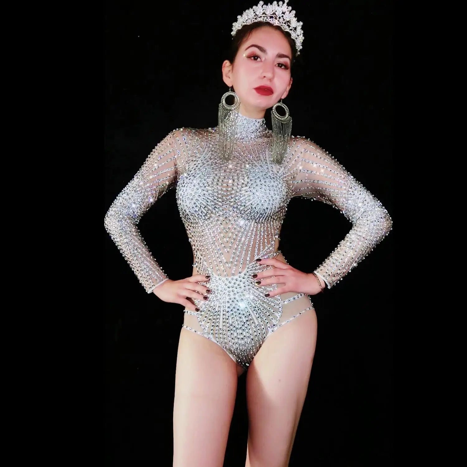 Sexy Rhinestones Sparkly Beads Bodysuit Women Stretch Outfit Nightclub Birthday DS Costume Female Singer Dance Leotard