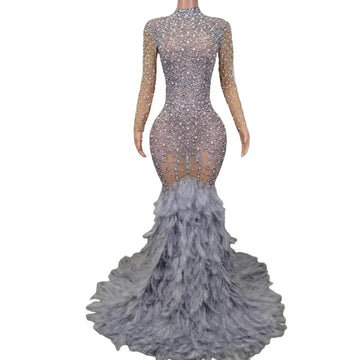 Superbe robe longue transparente ornée de strass et de plumes pour les fêtes d'anniversaire et les spectacles de danse en soirée 