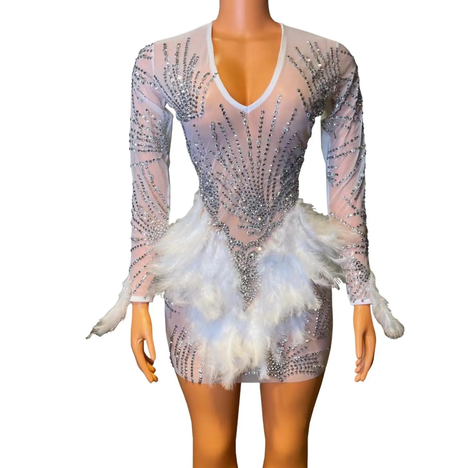 Glamorous Sheer Rhinestone and Feather Mini Dress for Women - Perfect for Birthday Parties and Prom Nights in Elegant Black and White