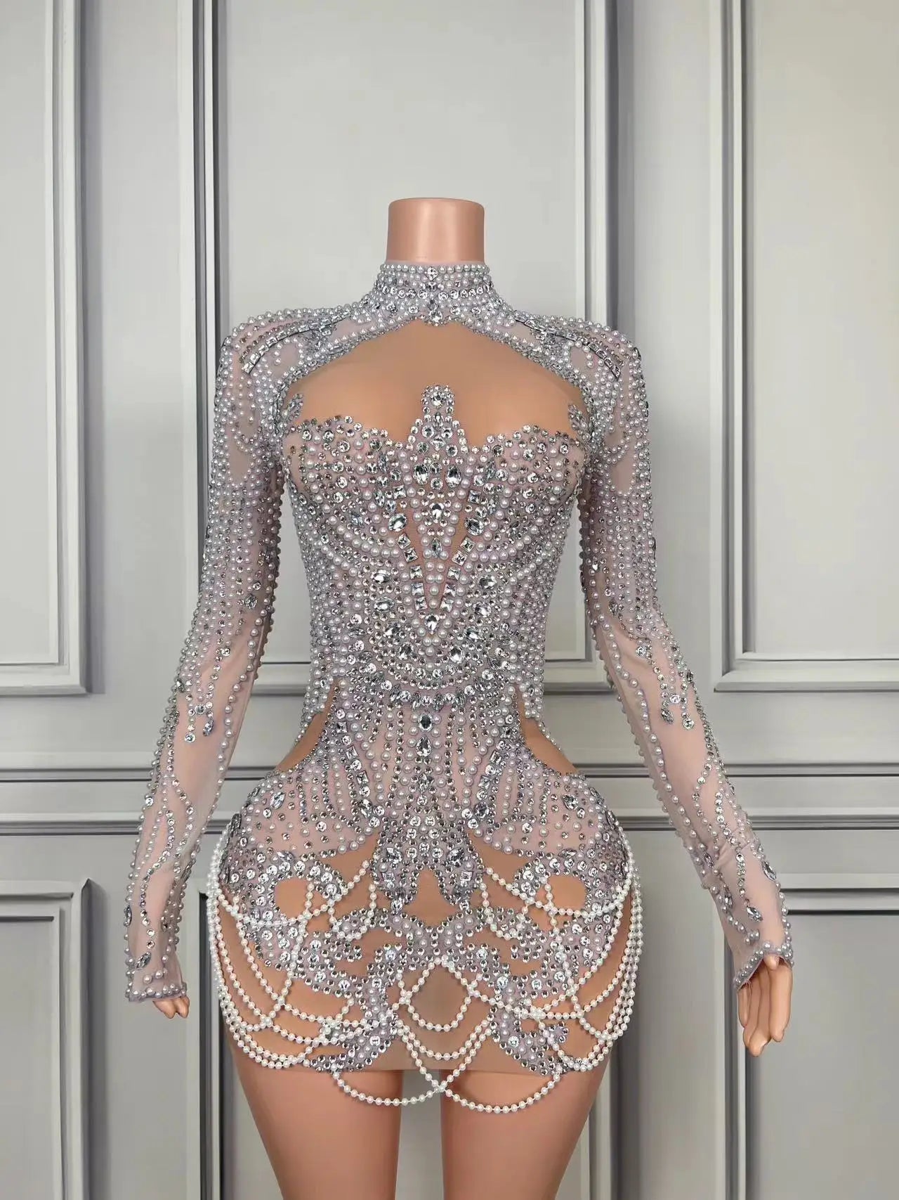 Robe fourreau sexy mini, scintillante, luxueuse, strass, perles, pour anniversaire, soirée, boîte de nuit, chanteur, spectacle, tenue de scène 