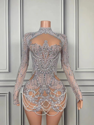 Robe fourreau sexy mini, scintillante, luxueuse, strass, perles, pour anniversaire, soirée, boîte de nuit, chanteur, spectacle, tenue de scène 