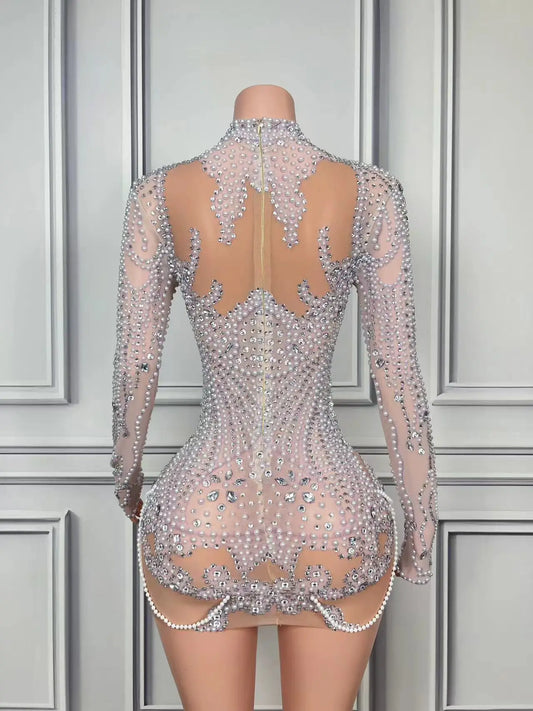 Robe fourreau sexy mini, scintillante, luxueuse, strass, perles, pour anniversaire, soirée, boîte de nuit, chanteur, spectacle, tenue de scène 