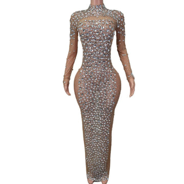 Stunning Rhinestone-Embellished Sheer Long Dress for Women - Perfect for Birthdays, Cocktails, Weddings, and Stage Performances