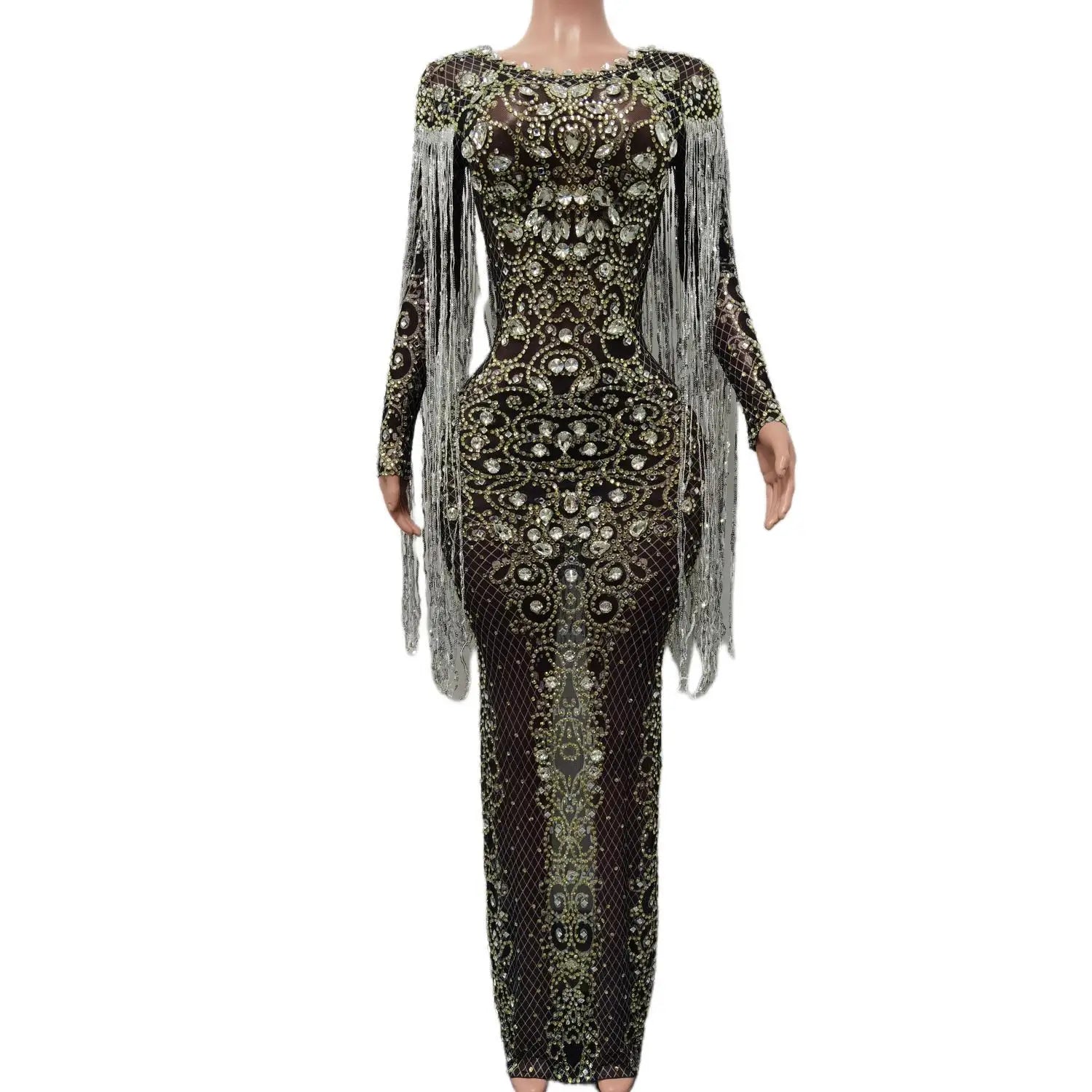 Glamorous Silver Sequin Fringe Mesh Dress for Women Perfect for Evening Events Birthdays and Performances