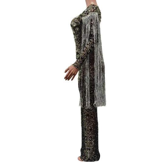 Glamorous Silver Sequin Fringe Mesh Dress for Women Perfect for Evening Events Birthdays and Performances