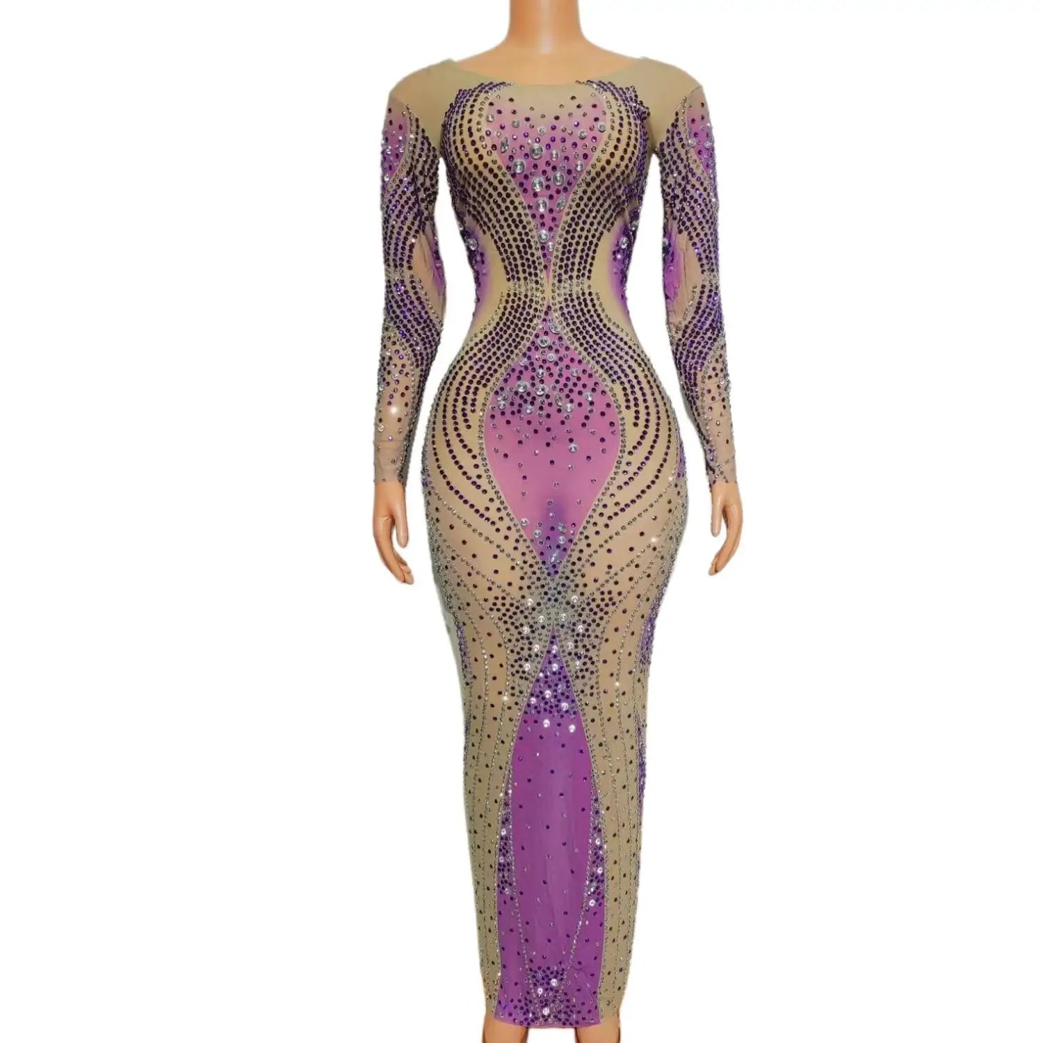 Robe de bal sexy à strass violets scintillants pour femme, tenue de soirée, de fête, d'anniversaire, de discothèque, de spectacle, de scène 