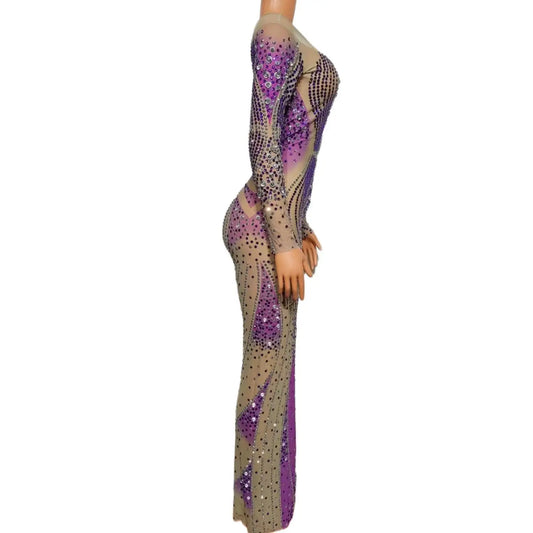 Robe de bal sexy à strass violets scintillants pour femme, tenue de soirée, de fête, d'anniversaire, de discothèque, de spectacle, de scène 