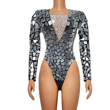 Sexy Stage Rhinestones Mirrors Bodysuit Women Birthday Celebrate Party Outfit Singer Dancer Show Performance Costume