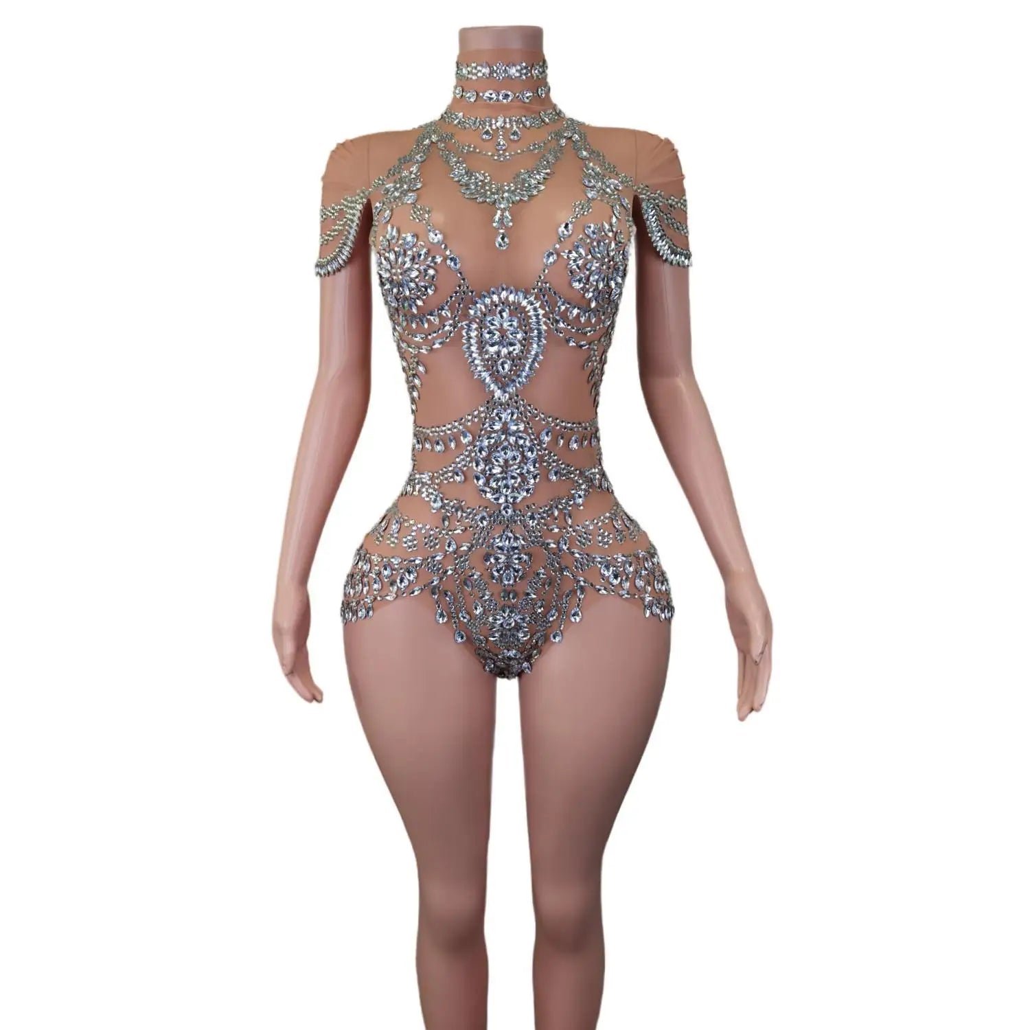 Body sexy de lujo para mujer, de una pieza, de malla transparente elástica, con brillantes diamantes de imitación, para baile, disfraz de Drag Queen 