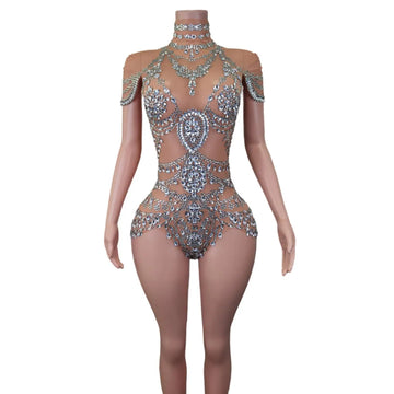 Body sexy de lujo para mujer, de una pieza, de malla transparente elástica, con brillantes diamantes de imitación, para baile, disfraz de Drag Queen 