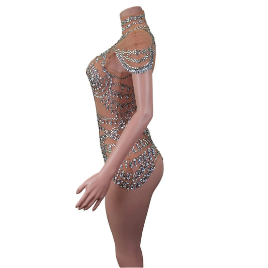 Body sexy de scène scintillant en strass pour femme, combinaison de luxe une pièce en maille extensible et transparente, costume de drag queen de danse court 