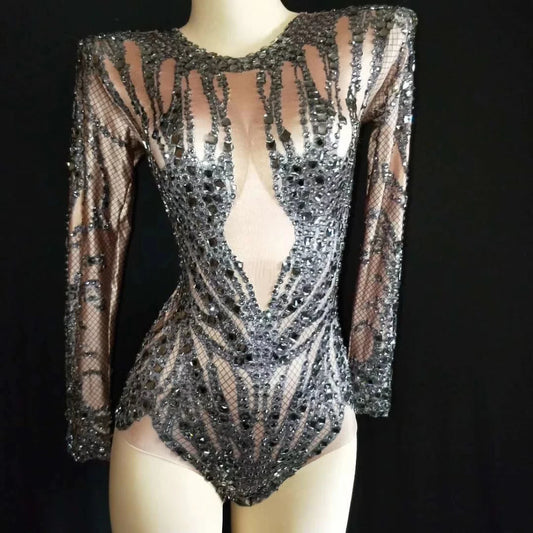 Glamorous Rhinestone Bodysuit with Long Sleeves for Women - Stunning Crystal Stage Leotard for Parties and Performances
