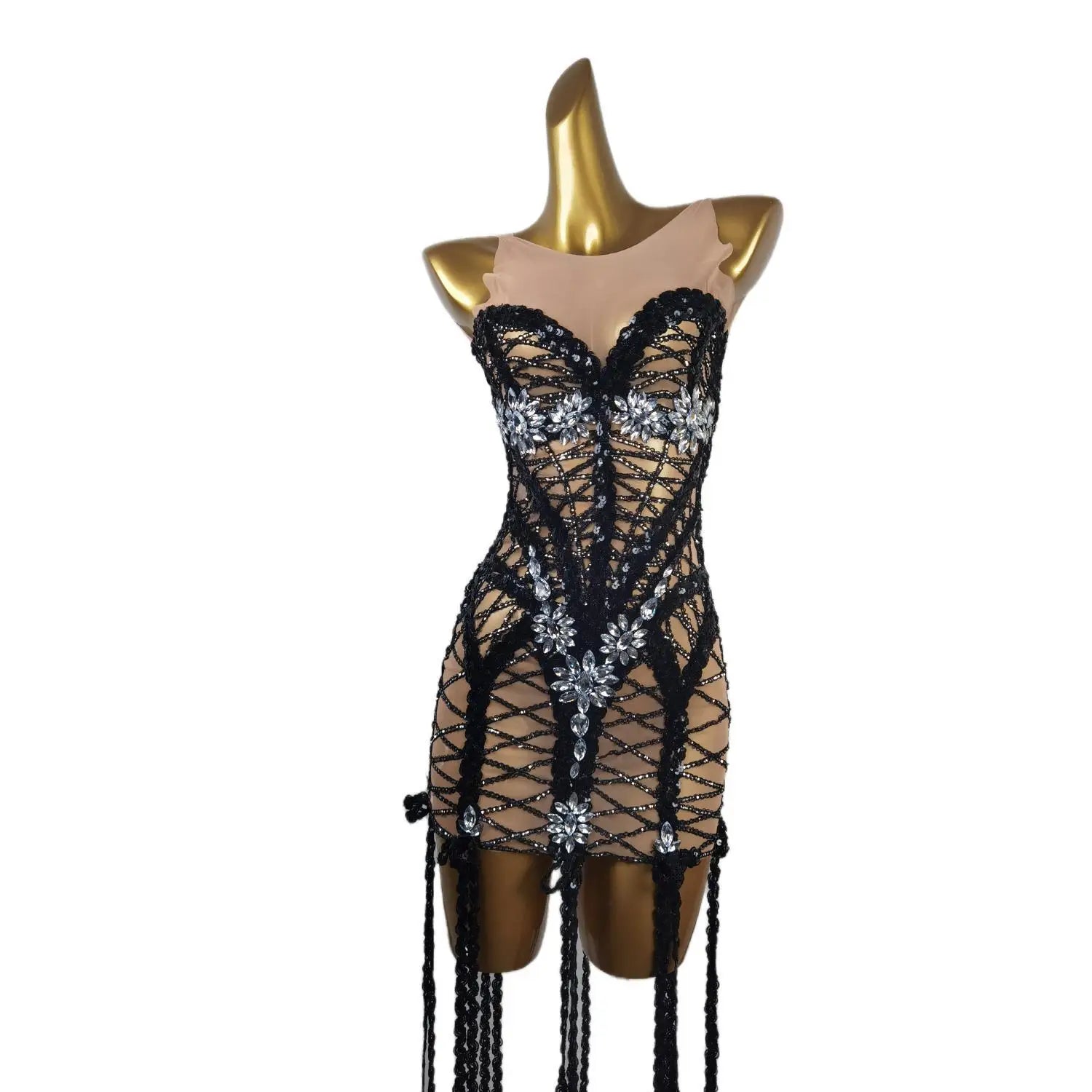 Sexy Transparent Diamonds Black Sequins Bodycon Short Dress for Women Party Celebriate Birthday Dress Show Stage Wear