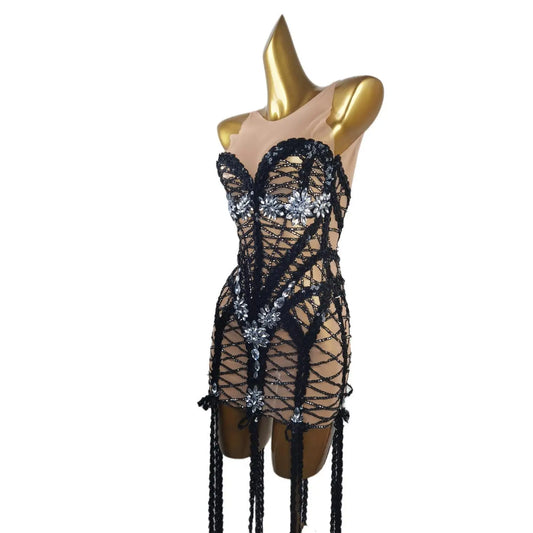 Robe courte moulante sexy à paillettes noires et diamants transparents pour femme, tenue de soirée, de fête, d'anniversaire, de spectacle, de scène 