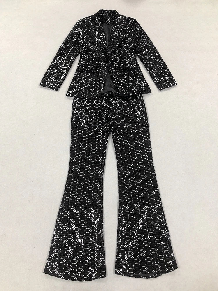 Elegant Black Sequin Two-Piece Set for Women - Shiny Blazer with Wide Leg Pants, Perfect for Evening Parties