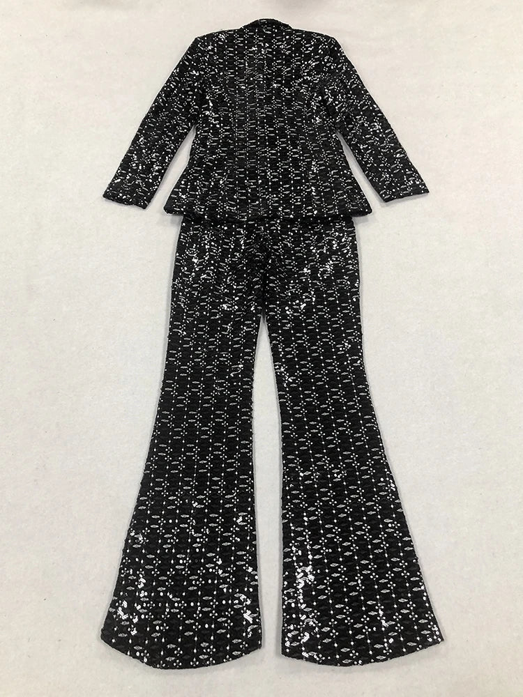 Elegant Black Sequin Two-Piece Set for Women - Shiny Blazer with Wide Leg Pants, Perfect for Evening Parties