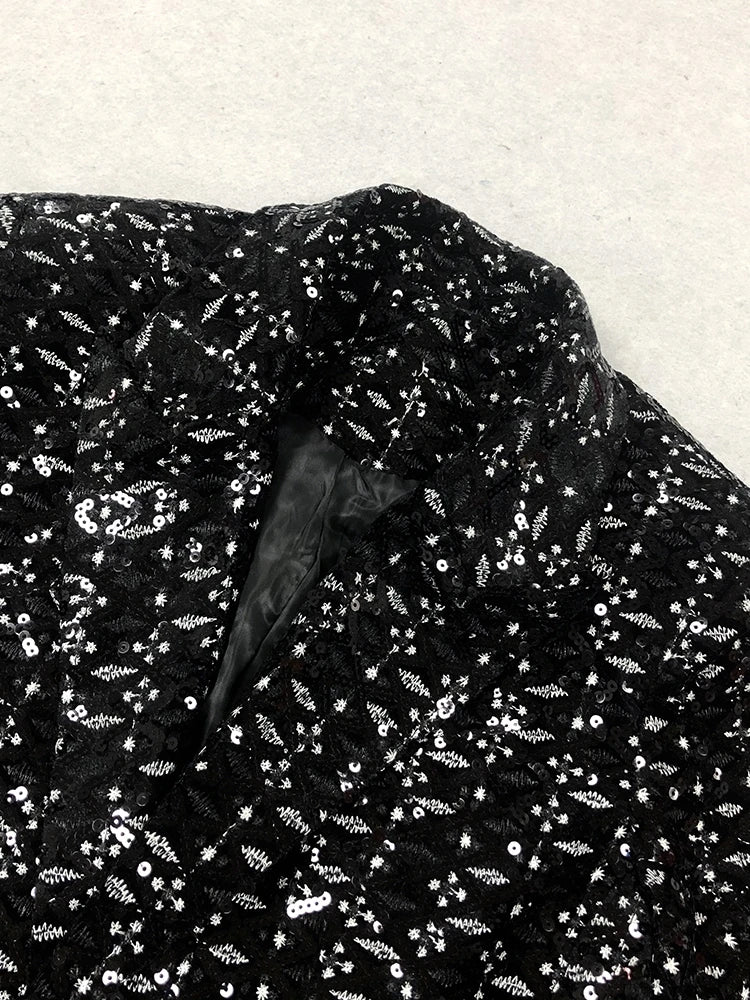 Elegant Black Sequin Two-Piece Set for Women - Shiny Blazer with Wide Leg Pants, Perfect for Evening Parties