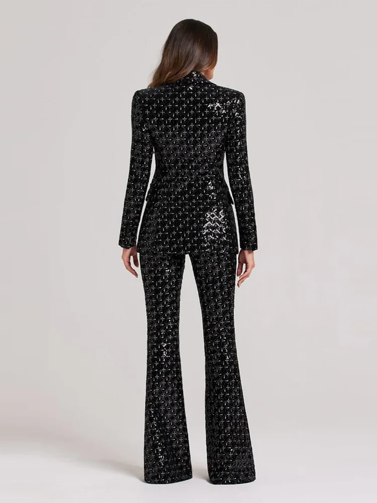 Elegant Black Sequin Two-Piece Set for Women - Shiny Blazer with Wide Leg Pants, Perfect for Evening Parties