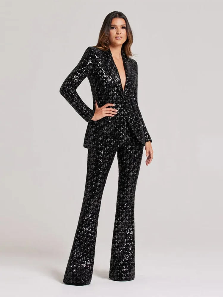 Elegant Black Sequin Two-Piece Set for Women - Shiny Blazer with Wide Leg Pants, Perfect for Evening Parties