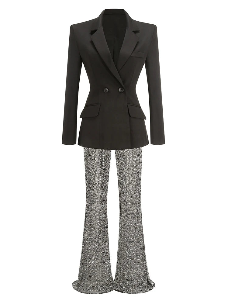 Glamorous Two-Piece Beige Blazer Set for Women with Sparkling Wide-Leg Trousers - Perfect for Evening Parties and Special Occasions