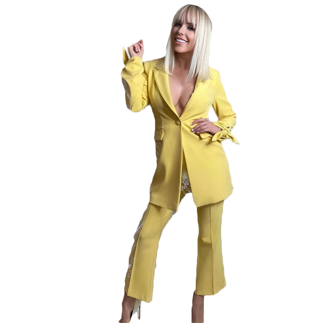 Robes de mère de la mariée sexy à col en V, blazer long à un bouton, pantalon évasé, costumes de bal élégants sur mesure