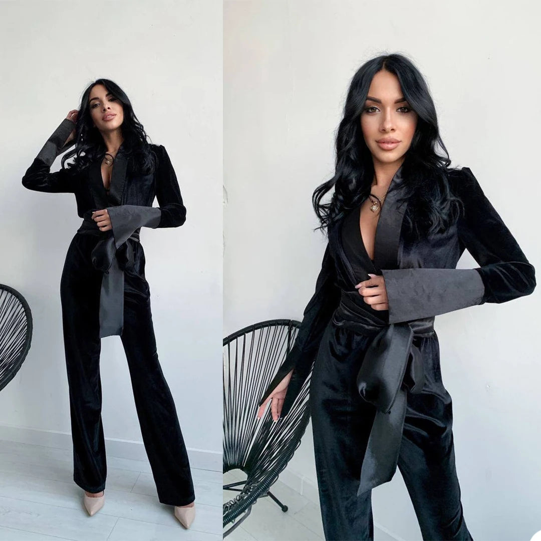 Monos sexys de terciopelo negro con escote en V para mujer, con cinturón y solapa tipo chal, pantalones de pierna ancha hechos a medida, trajes de fiesta diarios.