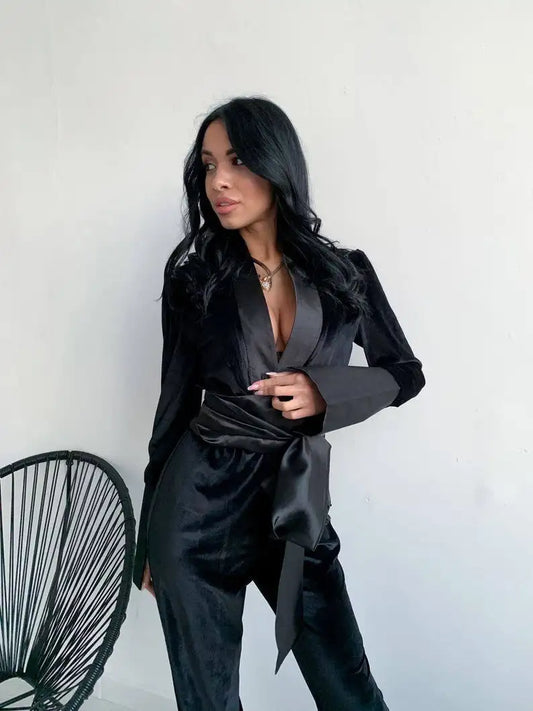 Sexy V Neck Women Black Velvet Jumpsuits With Belt Shawl Lapel Custom Made Wide Legs Trousers Daily Power Party Suits