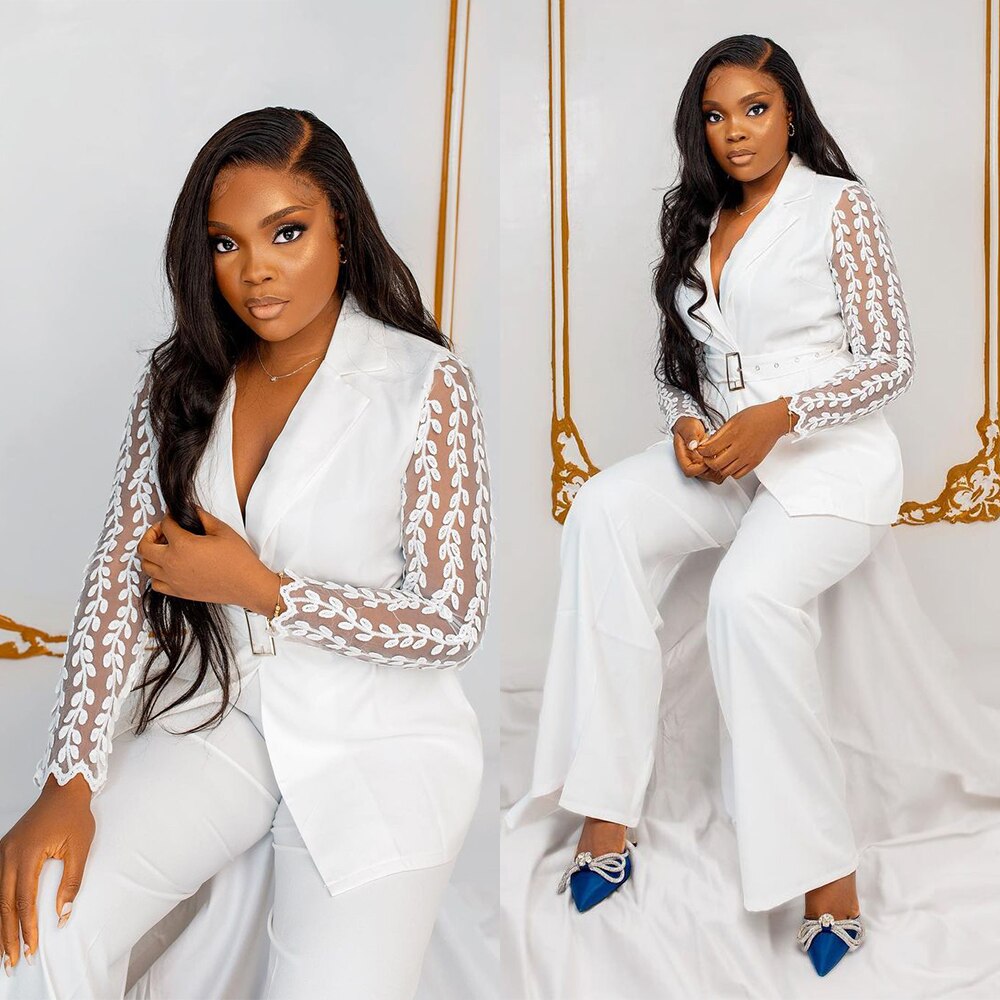 Sexy White Women Pants Suits For Wedding Custom Made See Through Long Sleeve Evening Wear 2 Pieces