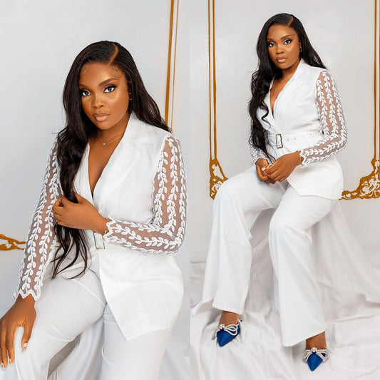 Sexy White Women Pants Suits For Wedding Custom Made See Through Long Sleeve Evening Wear 2 Pieces