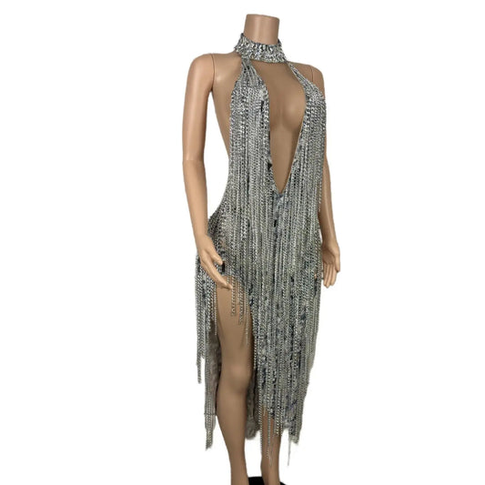 Glamorous Silver Halter Backless Dress with Sparkling Chain Design for Stunning Prom and Birthday Celebrations