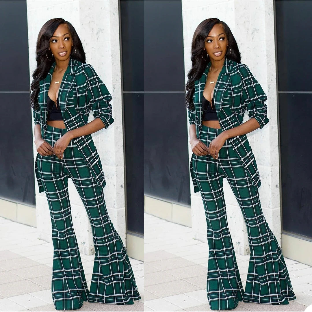Sexy Women Plaid Blazer Pantsuit Notched Lapel Loose Jacket Flare Pants Long Sleeve + Trousers 2 Piece Set