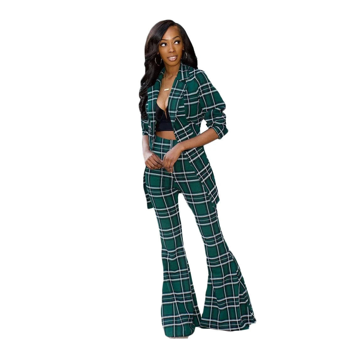 Sexy Women Plaid Blazer Pantsuit Notched Lapel Loose Jacket Flare Pants Long Sleeve + Trousers 2 Piece Set