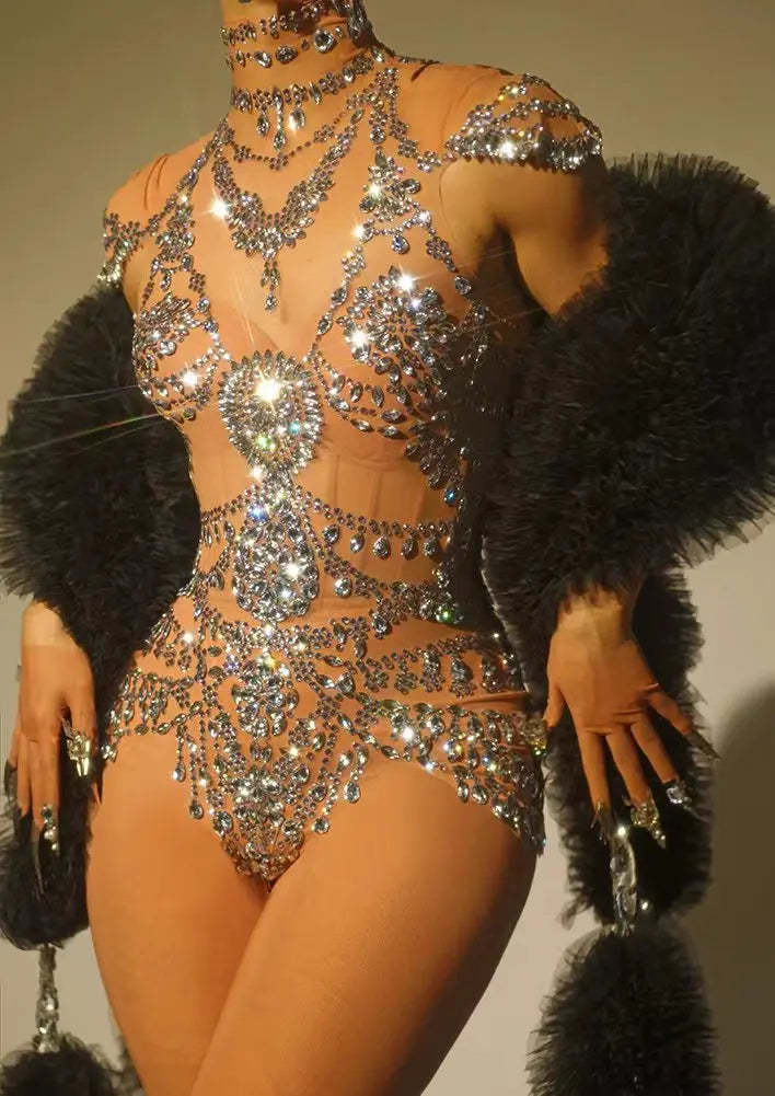 Sexy Women See Through Crystal Bodysuits Club Birthday Leotard Dancer Playsuit Performance Wear Mesh Rhinestone Jumpsuit