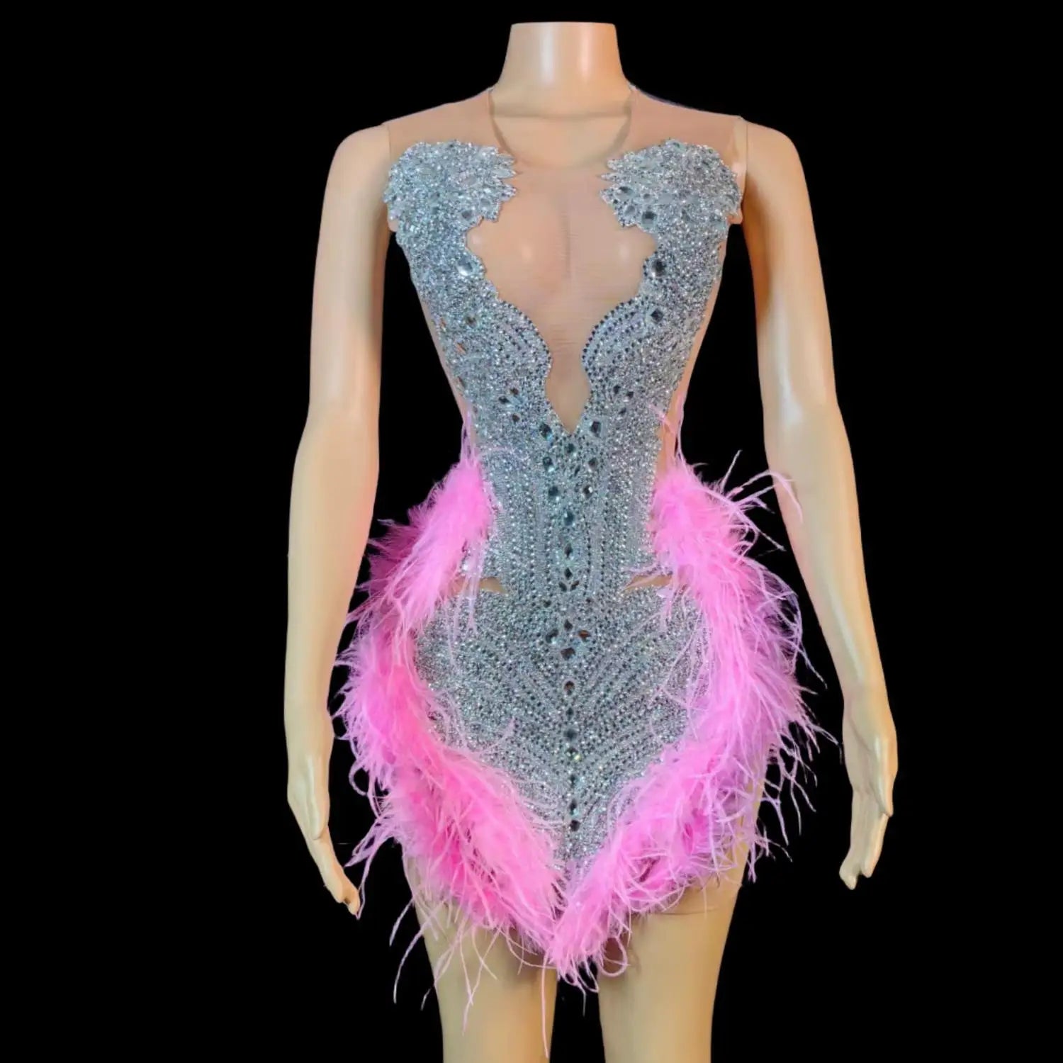 Sexy Women Sheer Mesh Cocktail Birthday Party Gowns Luxury Rhinestone Pink Feather Diamond Black Girls Short Prom Dresses