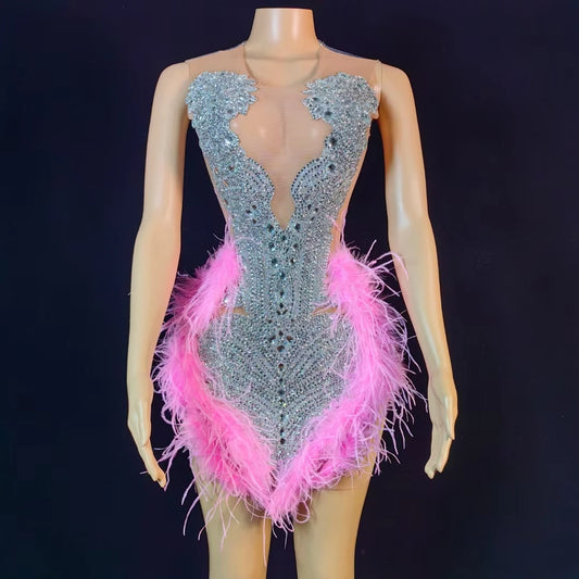 Sexy Women Sheer Mesh Cocktail Birthday Party Gowns Luxury Rhinestone Pink Feather Diamond Black Girls Short Prom Dresses