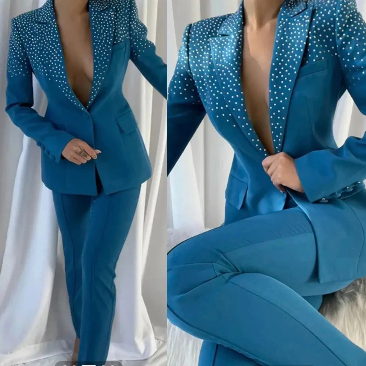 Impresionante conjunto de blazer y pantalón azul con tachuelas y escote en V para mujer: elegante traje de dos piezas de corte entallado para fiestas y eventos.