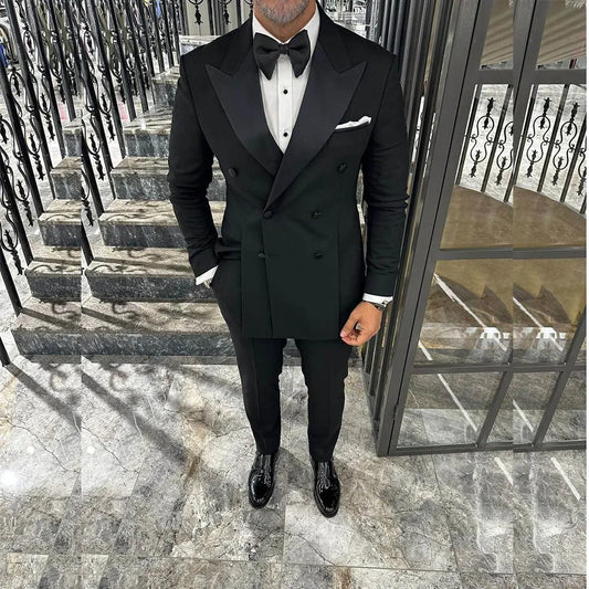 Men Wedding Suits Double Breasted Peak Lapel Tuxedos Groom Party 2 Pcs Blazer Pants Business Party Customized Suit